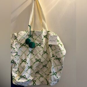 Green Ribbon Bow Canvas Tote Bag with green pom poms NWT 20x15
